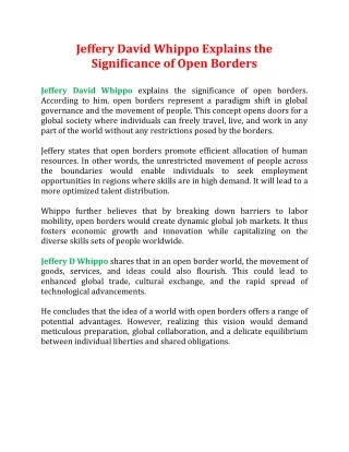 Jeffery David Whippo Explains the Significance of Open Borders