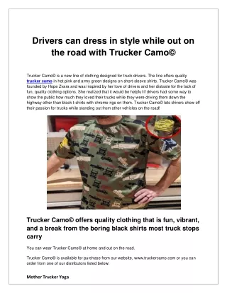 Drivers can dress in style while out on the road with Trucker Camo