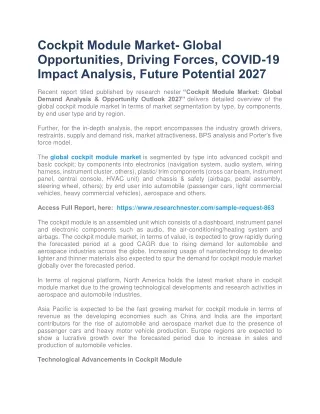 Cockpit Module Market- Global Opportunities, Driving Forces 2027
