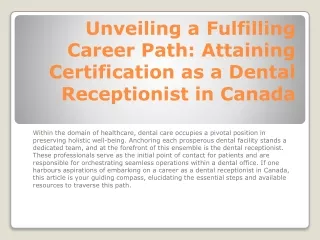 Unveiling a Fulfilling Career Path Attaining Certification as a Dental Receptionist in Canada