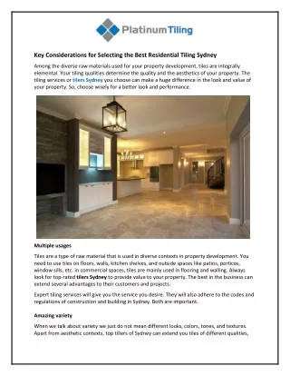 Key Considerations for Selecting the Best Residential Tiling Sydney