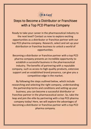 Steps to Become a Distributor or Franchisee with a Top PCD Pharma Company