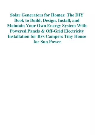 eBooks DOWNLOAD Solar Generators for Homes The DIY Book to Build  Design  Instal