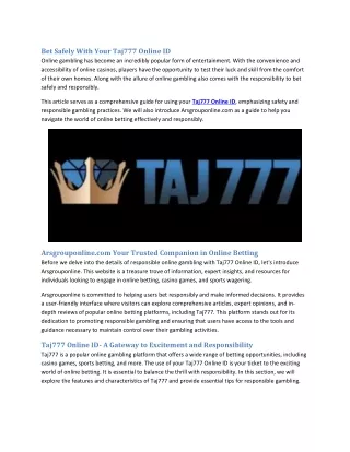 Bet Safely With Your Taj777 Online ID