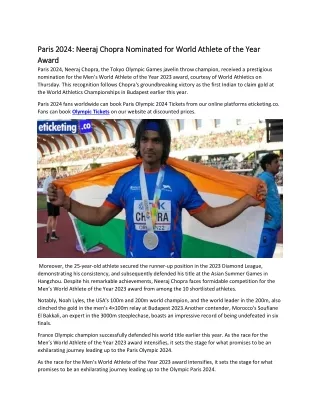 Paris 2024 Neeraj Chopra Nominated for World Athlete of the Year Award