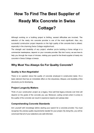 How To Find The Best Supplier of Ready Mix Concrete in Swiss Cottage