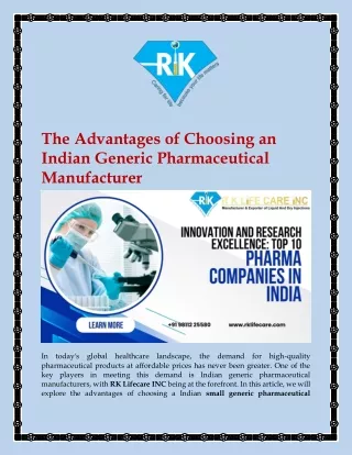 The Advantages of Choosing an Indian Generic Pharmaceutical Manufacturer