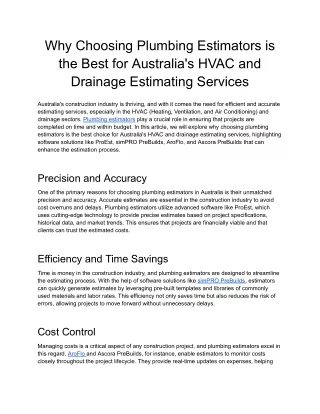 Why Choosing Plumbing Estimators is the Best for Australia's HVAC and Drainage Estimating Services