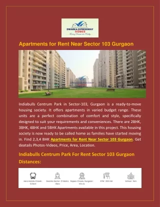 Apartments for Rent Near Sector 103 Gurgaon