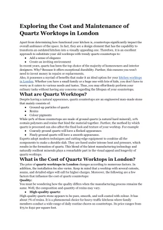 Exploring the Cost and Maintenance of Quartz Worktops in London