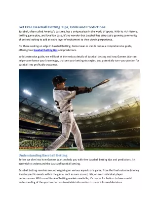 Get Free Baseball Betting Tips, Odds and Predictions