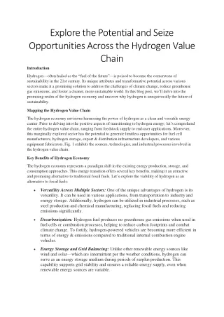 Explore the Potential and Seize Opportunities Across the Hydrogen Value Chain