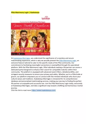 Pillai Matrimony Login | Kaakateeya