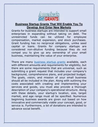 Business Startup Grants That Will Enable You To Develop And Enter New Markets