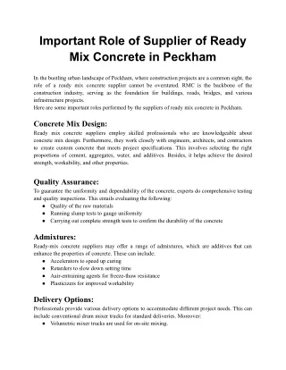 Important Role of Supplier of Ready Mix Concrete in Peckham