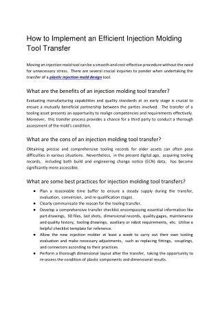 How to Implement an Efficient Injection Molding  Tool Transfer