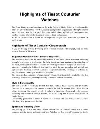 Top Highlights of Tissot Couturier Watches