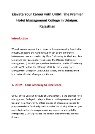 Elevate Your Career with UIHM: The Premier Hotel Management College in Udaipur