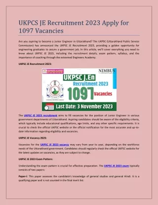 UKPCS JE Recruitment 2023 Apply for 1097 Vacancies