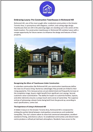 Embracing Luxury: Pre-Construction Townhouses in Richmond Hill