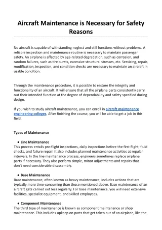 Aircraft Maintenance is Necessary for Safety Reasons