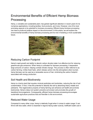 Environmental Benefits of Efficient Hemp Biomass Processing