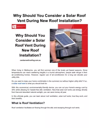 Why Should You Consider a Solar Roof Vent During New Roof Installation?