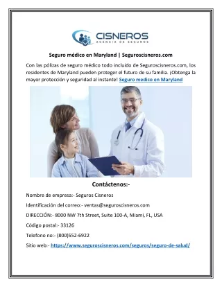 Seguro médico en Maryland | Seguroscisneros.com