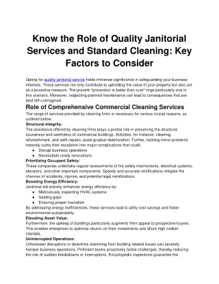 Know the Role of Quality Janitorial Services and Standard Cleaning_ Key Factors to Consider