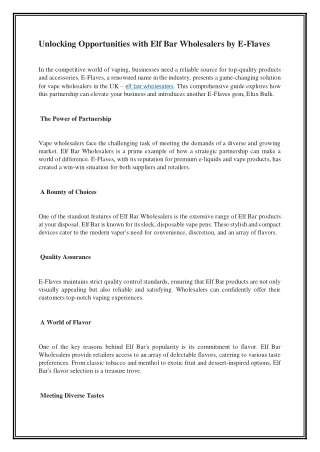 Unlocking Opportunities with Elf Bar Wholesalers by E-Flaves