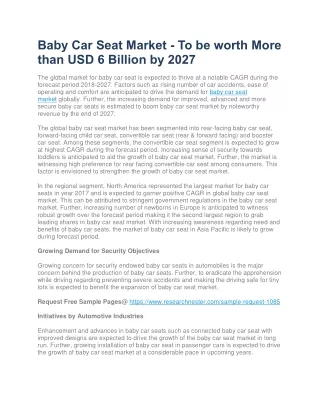 Baby Car Seat Market - To be worth More than USD 6 Billion by 2027