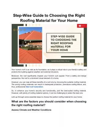 Step-Wise Guide to Choosing the Right Roofing Material for Your Home