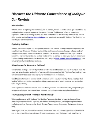 Discover the Ultimate Convenience of Jodhpur Car Rentals