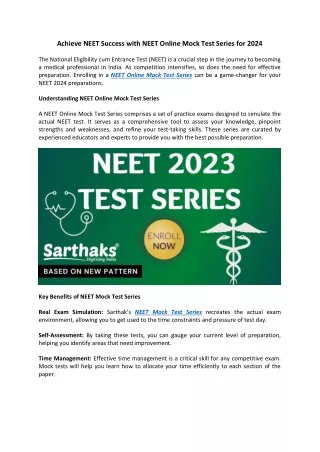 Achieve NEET Success with NEET Online Mock Test Series for 2024