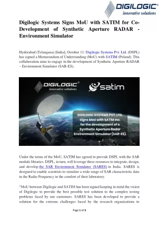 Digilogic Systems Signs MoU with SATIM for Co-Development of Synthetic Aperture RADAR – Environment Simulator