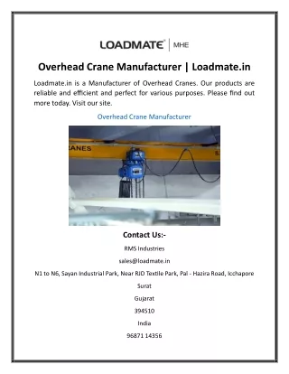 Overhead Crane Manufacturer Loadmate.in