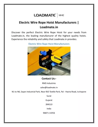 Electric Wire Rope Hoist Manufacturers Loadmate.in