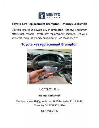 Toyota Key Replacement Brampton  Montys Locksmith