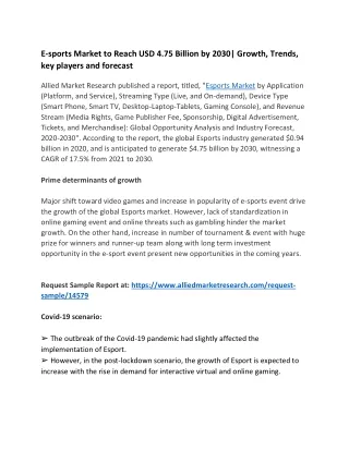 E-sports Market to Reach USD 4.75 Billion by 2030| Growth, Trends, key players