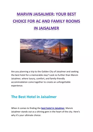 Marvin Jaisalmer: Your Best Choice for AC and Family Rooms in Jaisalmer