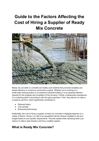 Guide to the Factors Affecting the Cost of Hiring a Supplier of Ready Mix Concrete