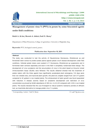 Management of potato virus Y (PVY) in potato by some biocontrol agents under fie