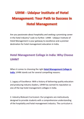 UIHM - Udaipur Institute of Hotel Management: Your Path to Success in Hotel Mana