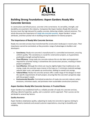 Building Strong Foundations: Aspen Gardens Ready Mix Concrete Services