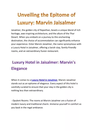 Unveiling the Epitome of Luxury: Marvin Jaisalmer