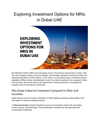 Exploring Investment Options for NRIs in Dubai UAE