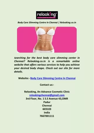 Body Care Slimming Centre In Chennai   Relooking co in