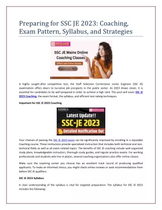 Preparing for SSC JE 2023  Coaching, Exam Pattern, Syllabus, and Strategies