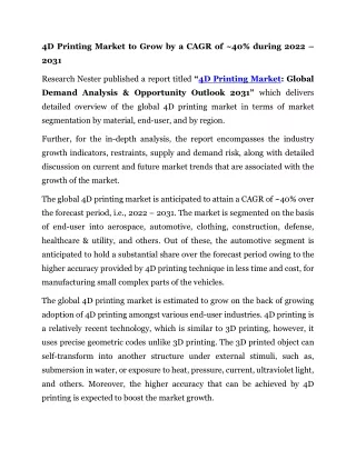 4D Printing Market to Grow by a CAGR of ~40% during 2022 – 2031