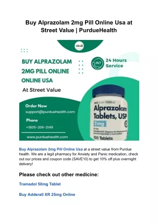 Buy Alprazolam 2mg Pill Online Usa at Street Value | PurdueHealth